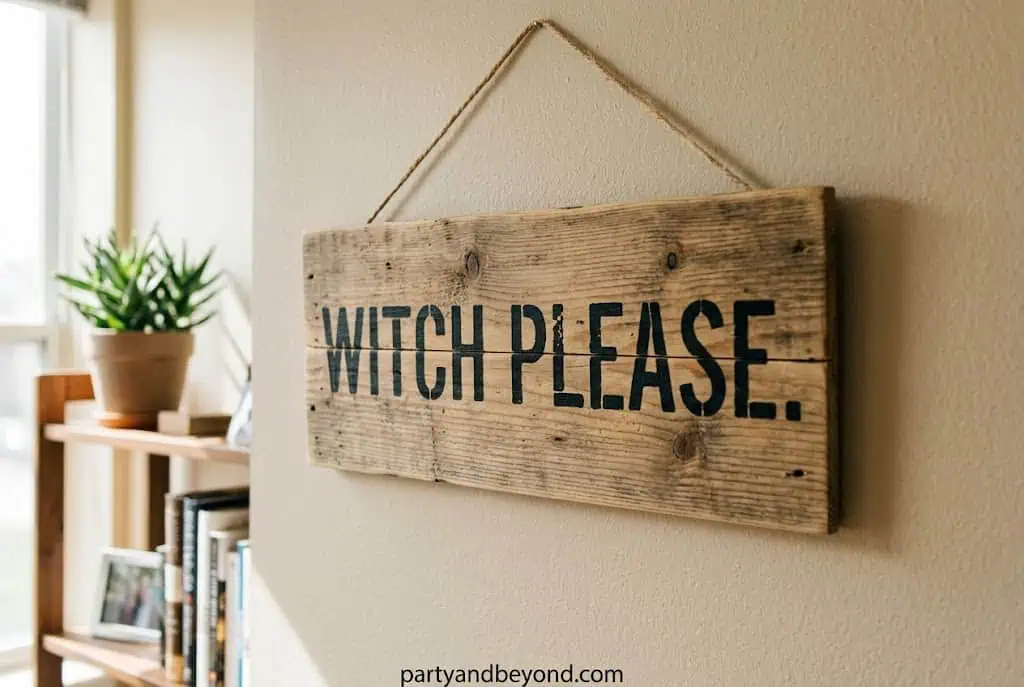 Funny Witch Please Halloween wood sign with cream background and black lettering