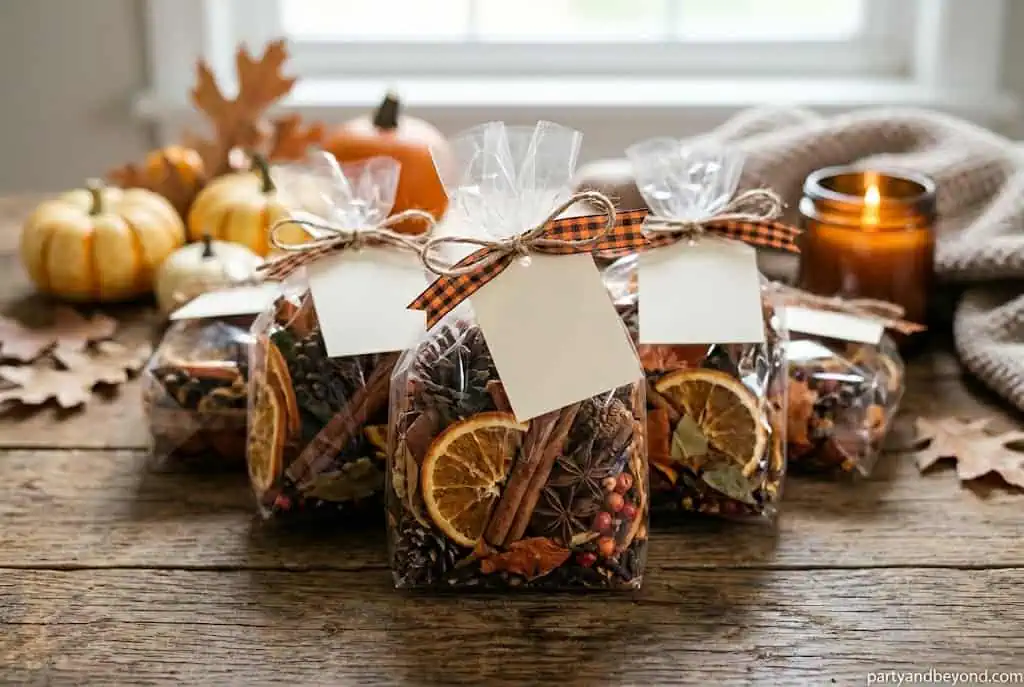 Fall scented Halloween potpourri bags with cinnamon and dried oranges