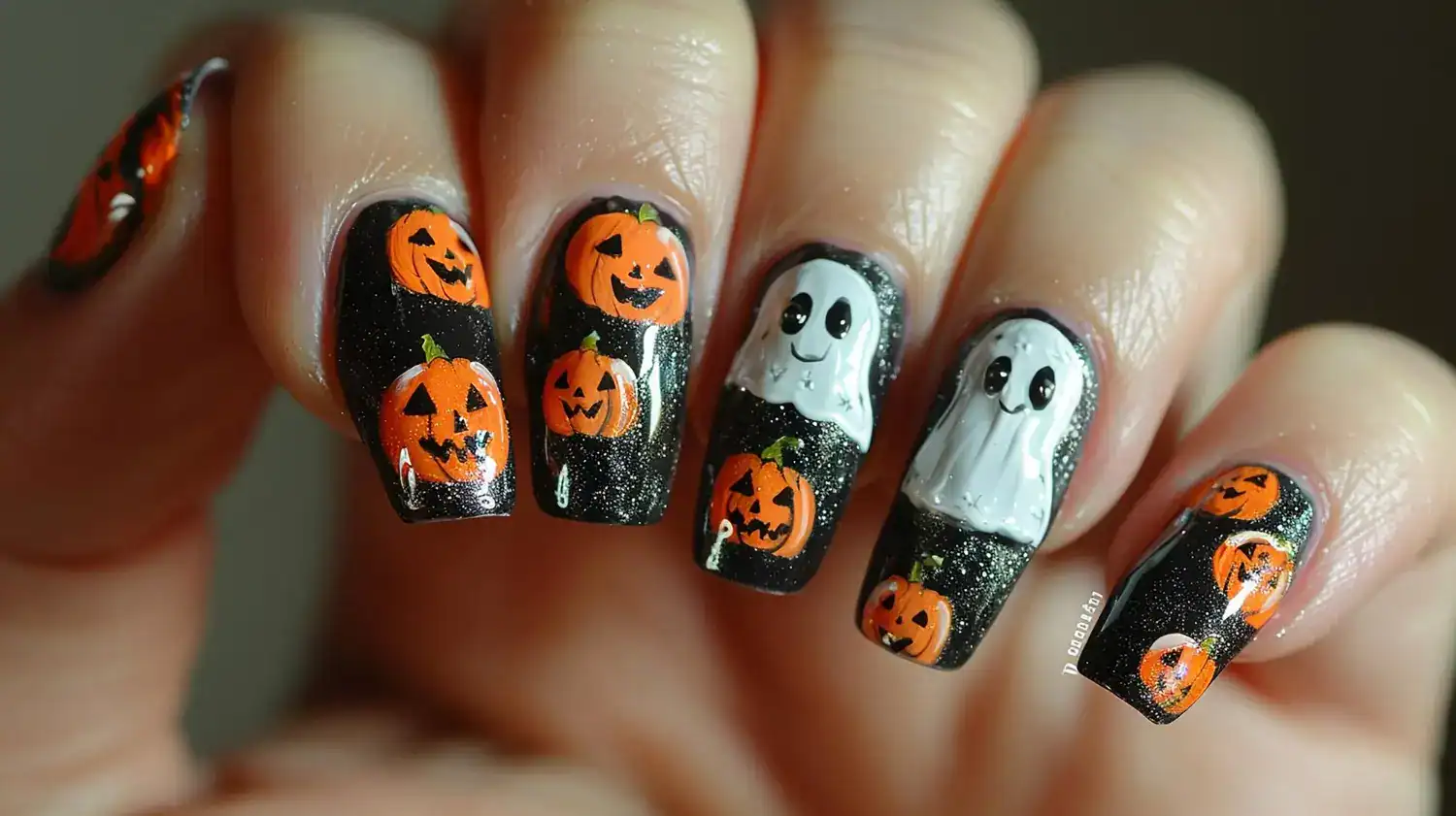 Spooky Halloween nail design featuring ghosts and pumpkins on black background.