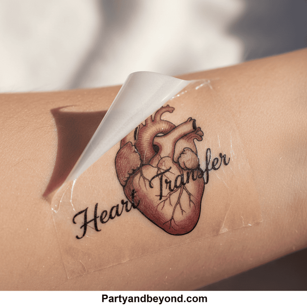 Temporary heart transfer tattoo for Valentine’s Day game or party activity.