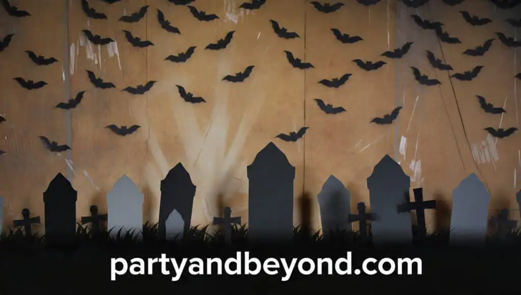 Halloween paper fan wall backdrop with layered black, orange, and purple decorations