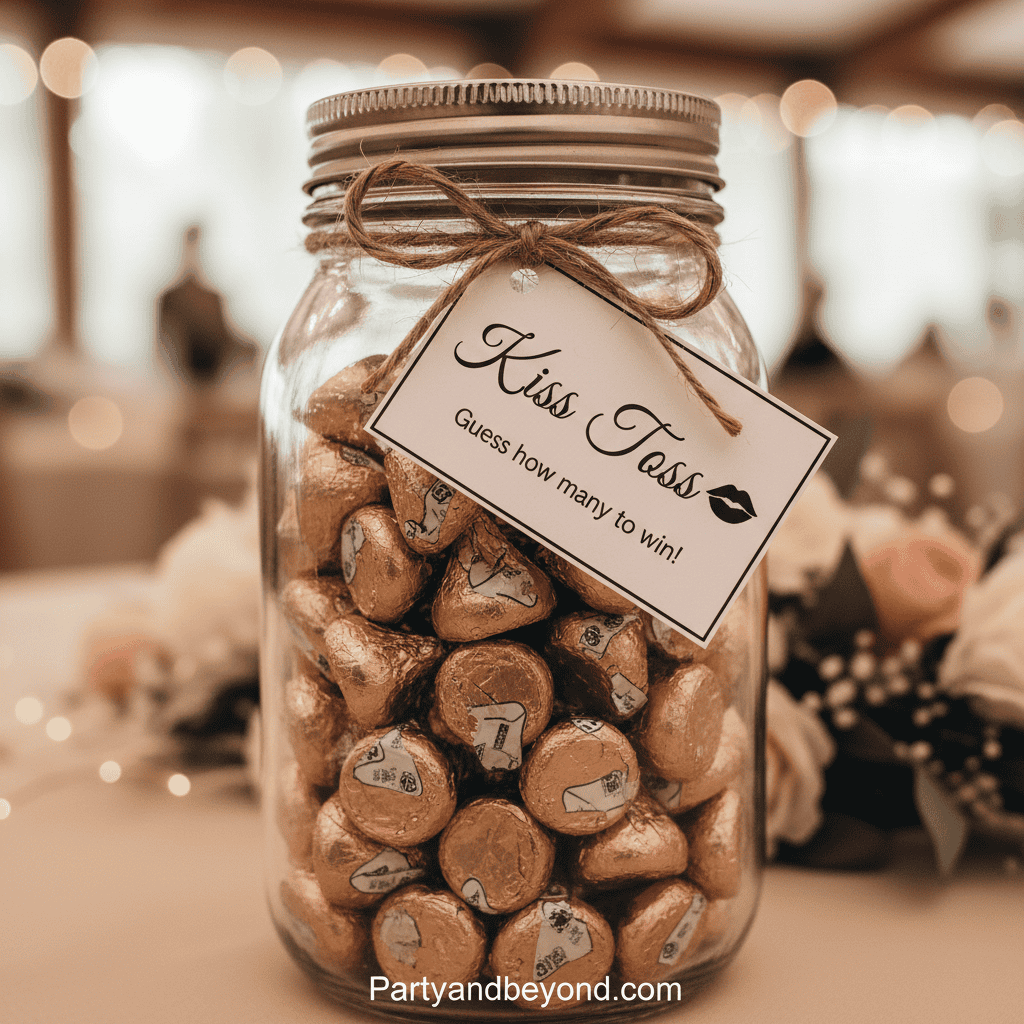 Jar of Kiss Toss chocolates for Valentine’s Day game at parties.