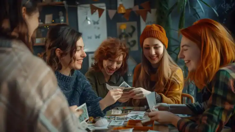Ladies enjoying a fun game at a kitty party with friends.