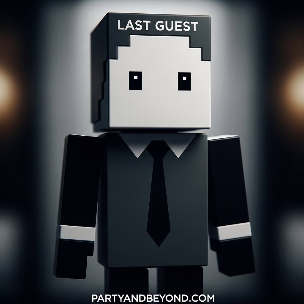 Pixelated robot figure with "Last Guest" sign on head, suited for wedding game entertainment.