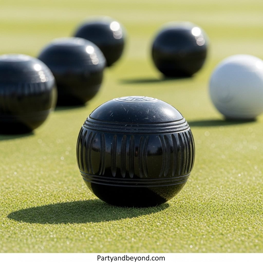 Miniature lawn bowls game for wedding guest entertainment on a green field.