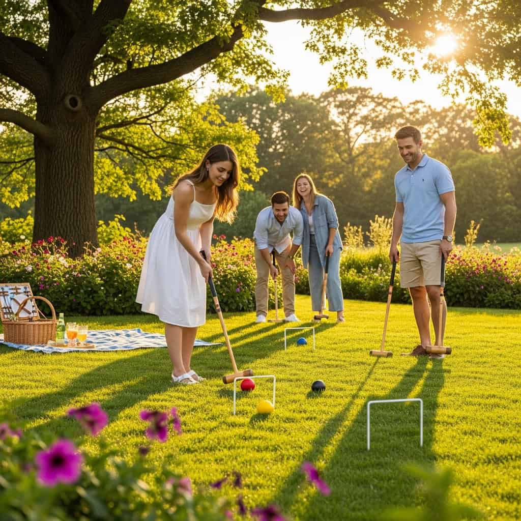Outdoor mini golf game for senior citizens enjoying a sunny day in the park.