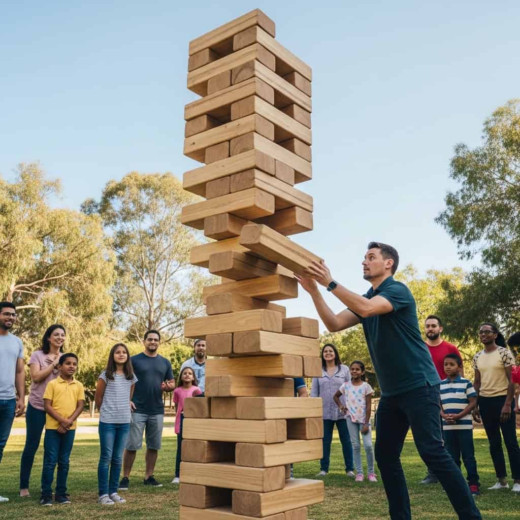 Senior citizens playing giant Jenga game outdoors at a celebration event.