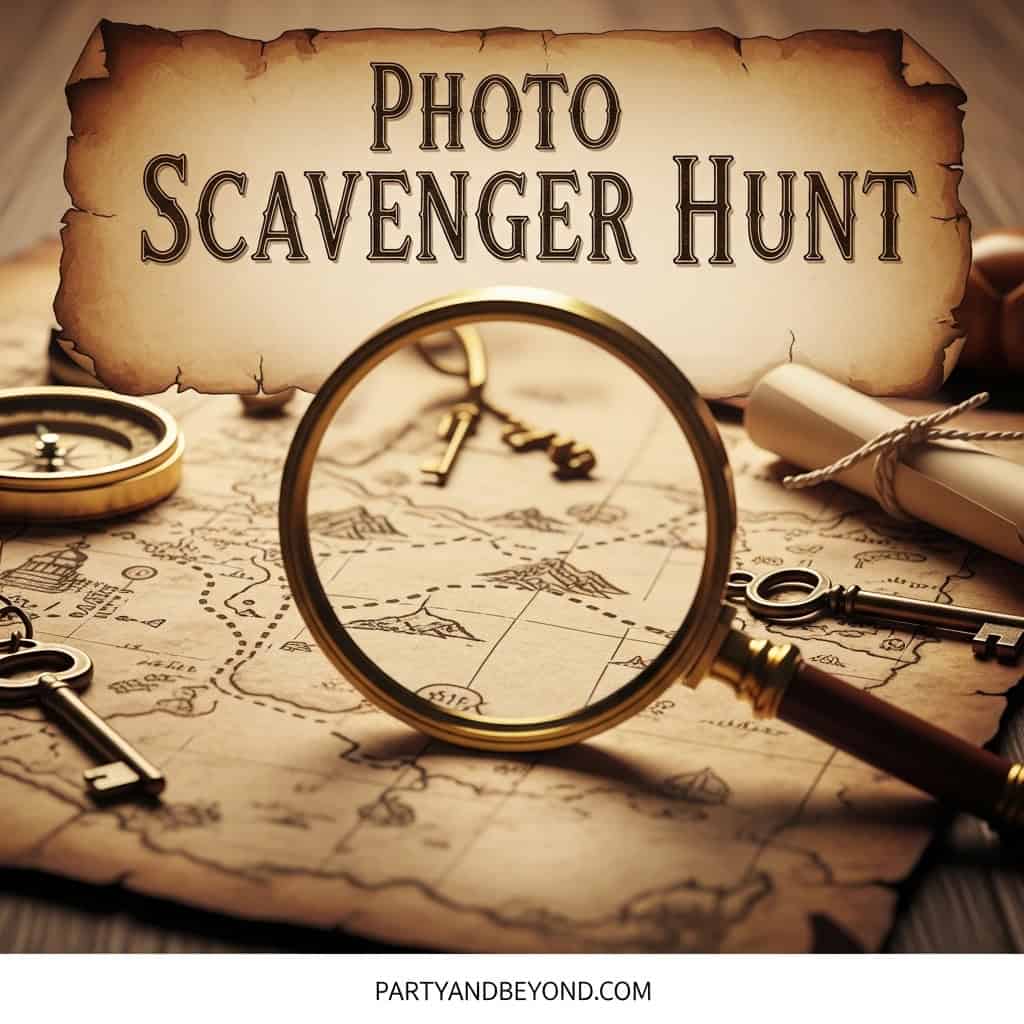 Wedding-themed photo scavenger hunt game with keys and map elements.