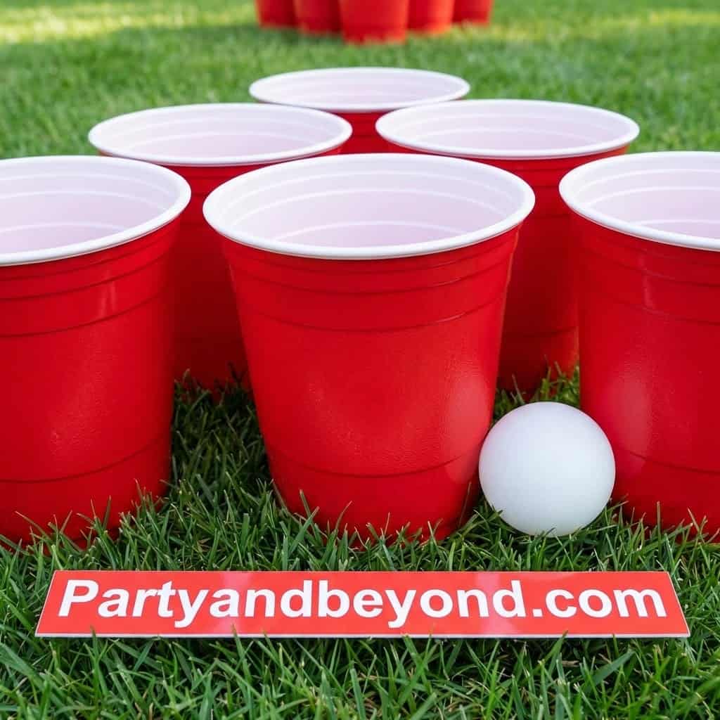Red plastic cups and a ping pong ball for beer pong at summer outdoor party.