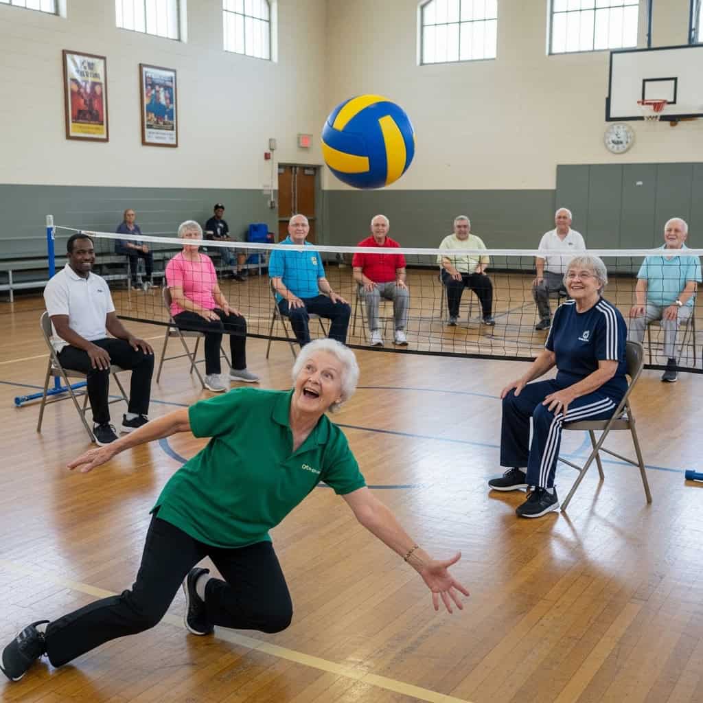 Elderly group enjoying a fun volleyball game indoors for senior citizens' celebration.