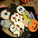 27 Un-BOO-lievable Halloween Party Favor Ideas Halloween cookie decorations with ghosts, pumpkins, bats, and skulls for festive treats.