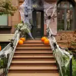 17 Scary Good Halloween Outdoor Decoration Ideas Scary Halloween outdoor decoration with cobwebs, spiders, pumpkins, and spooky accents on a brownsto.