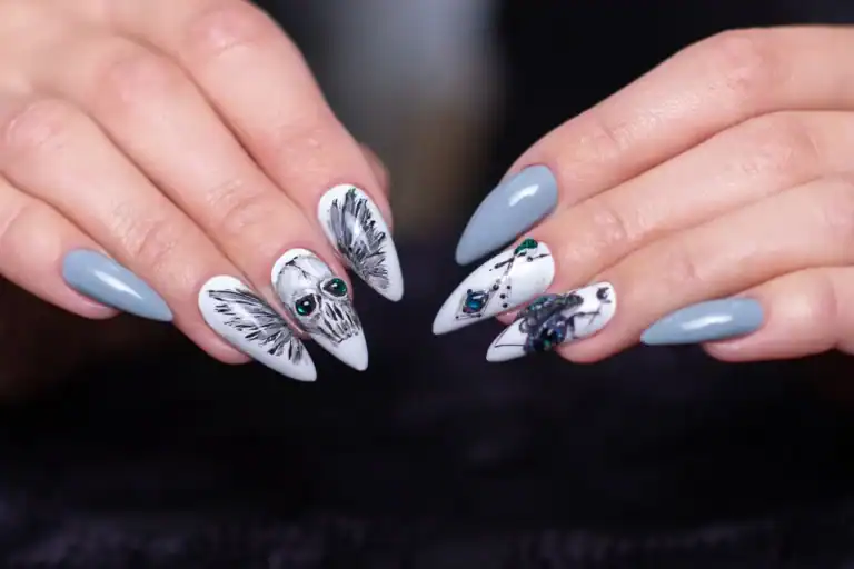 Halloween skull nail design with spooky black and white details for horror-themed nails.