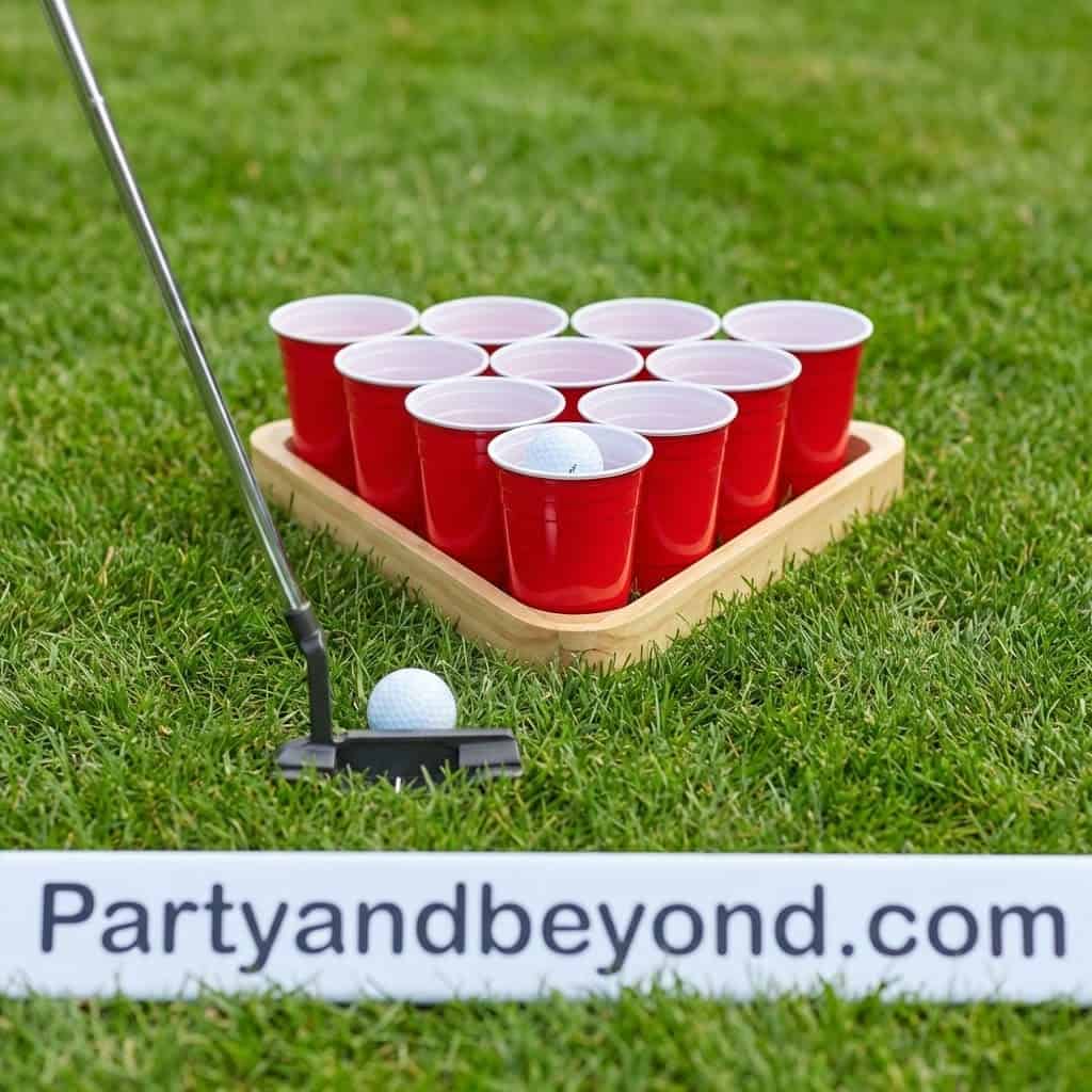 Red cups beer pong game for summer outdoor fun.