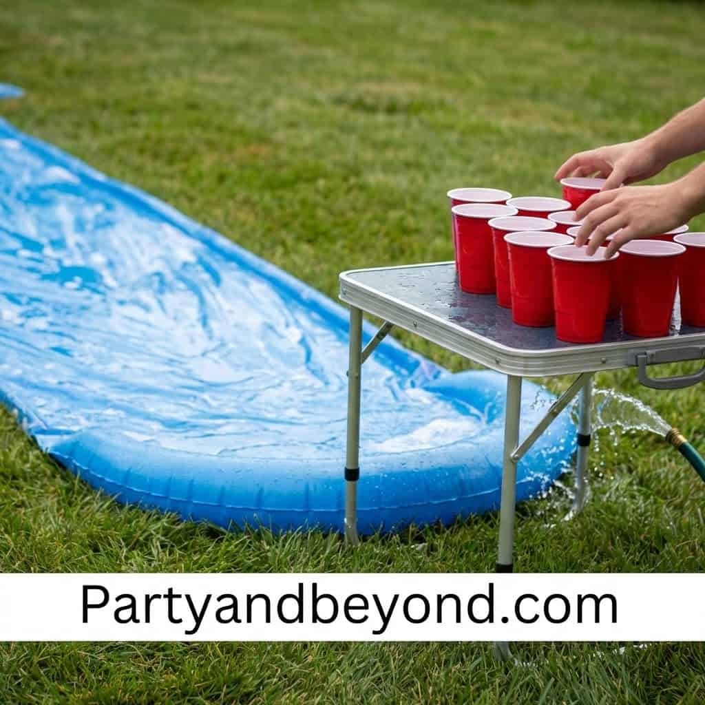 People playing beer pong on a summer outdoor table with a slip and slide in the background.