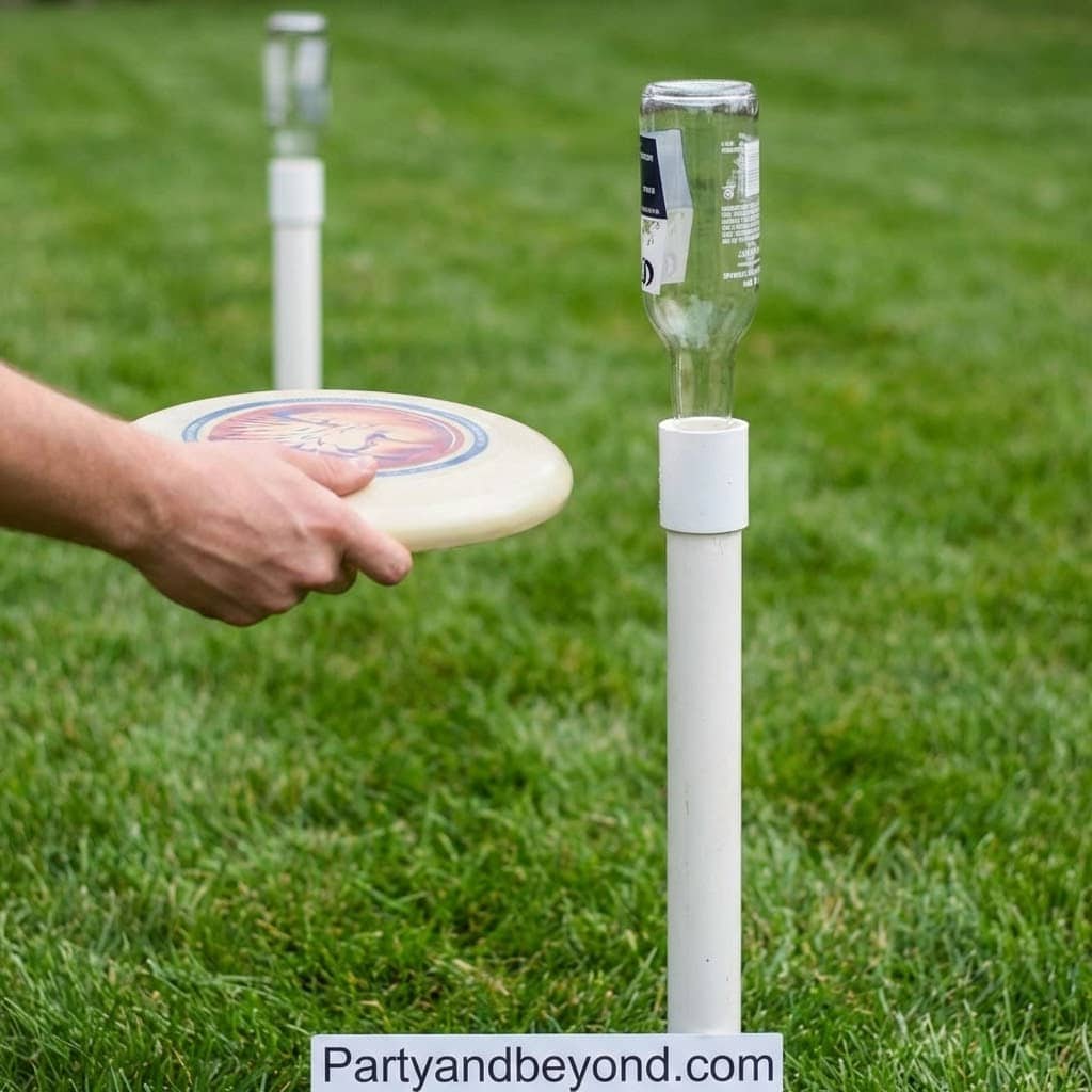 Fun outdoor game with bottle and frisbee for summer BBQs.