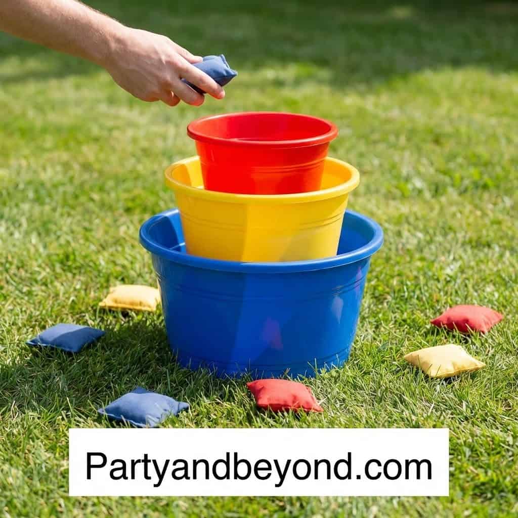Colorful buckets for outdoor summer BBQ games.