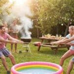 17 High-Energy Summer BBQ Games for Adults Outdoor summer BBQ game with friends, featuring tug-of-war and a kiddie pool.