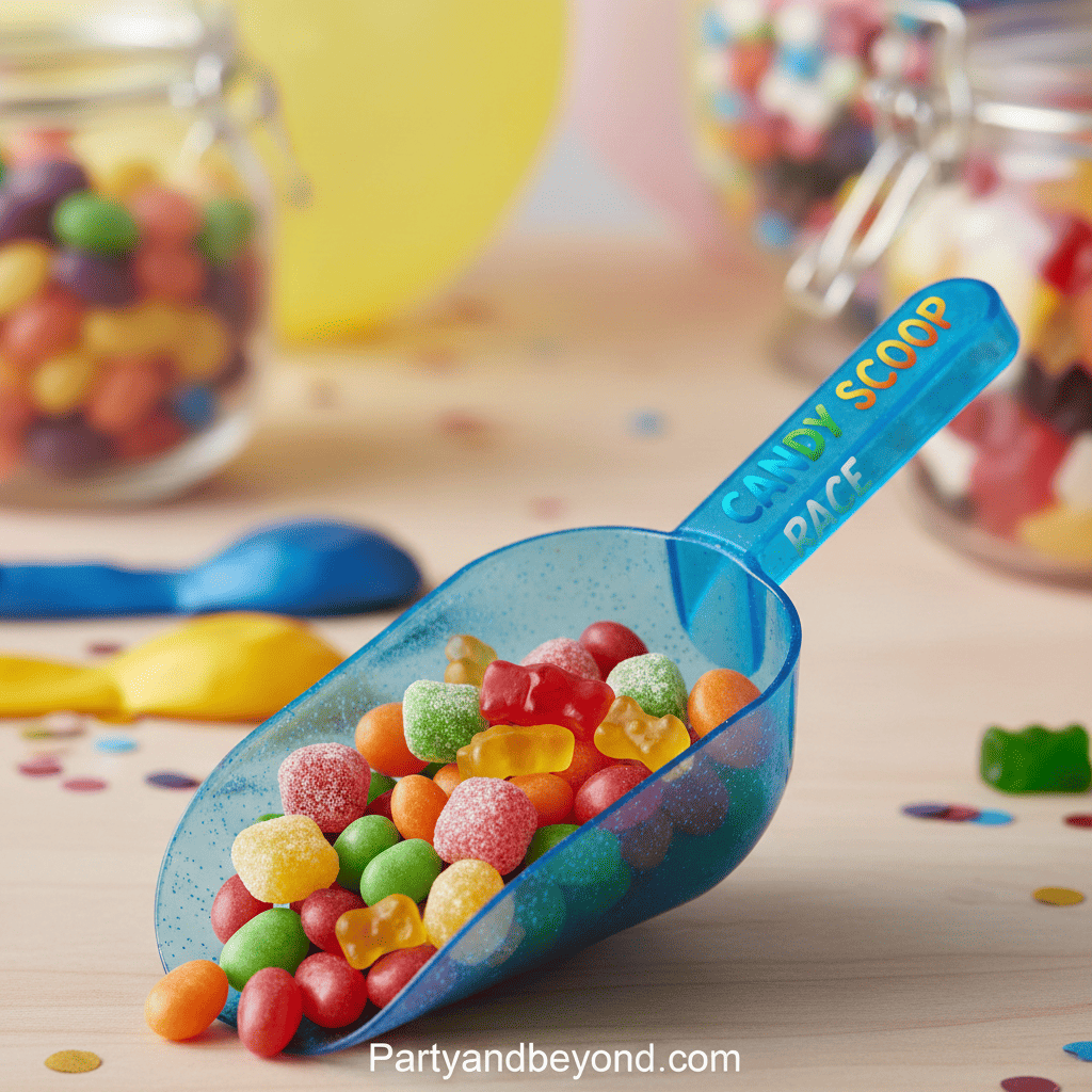 Colorful candy scoop with assorted candies for fun Valentine game activities.