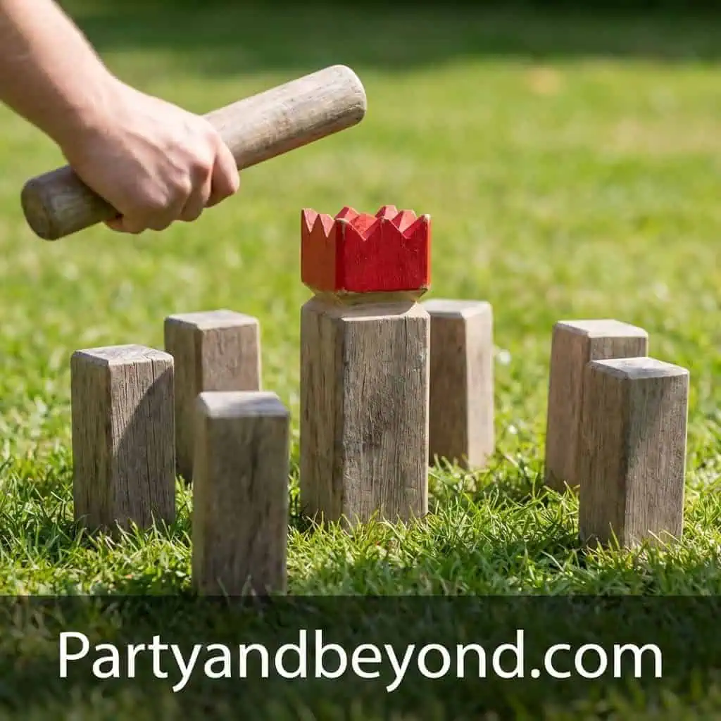 Outdoor lawn game with wooden blocks and hammer for summer BBQ fun.