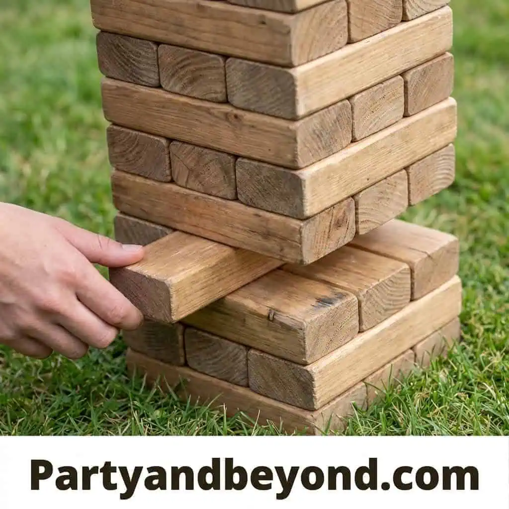 Large wooden Jenga game set up outdoors for summer party fun.
