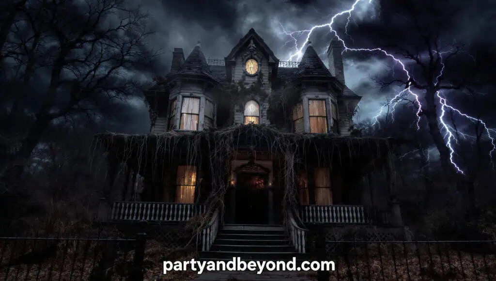 DIY haunted house facade backdrop with creepy windows and glowing doorway