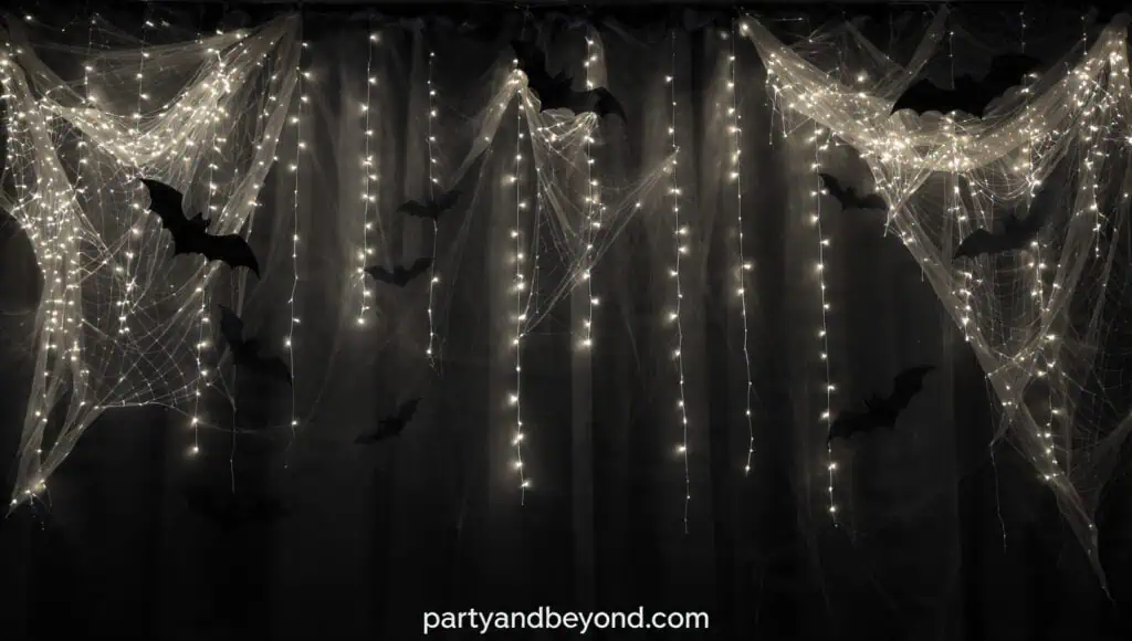 Warm fairy light curtain creating a magical Halloween party photo backdrop