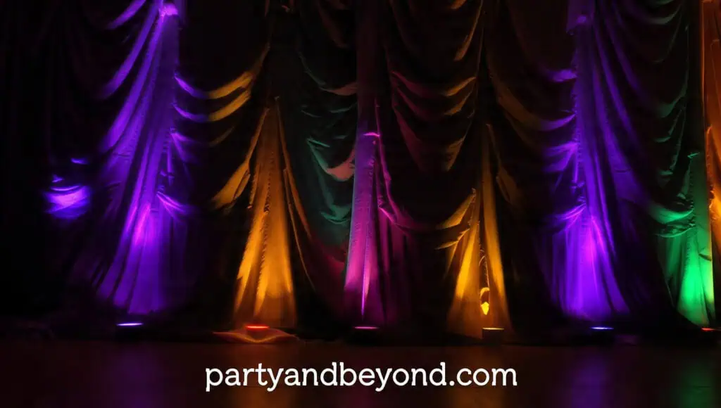 Plain fabric backdrop illuminated with purple and orange Halloween uplighting