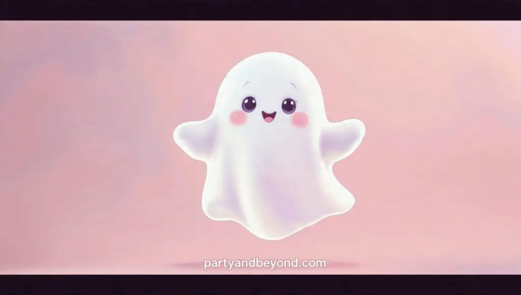 Cute pastel Halloween backdrop featuring smiling ghost decorations and balloons