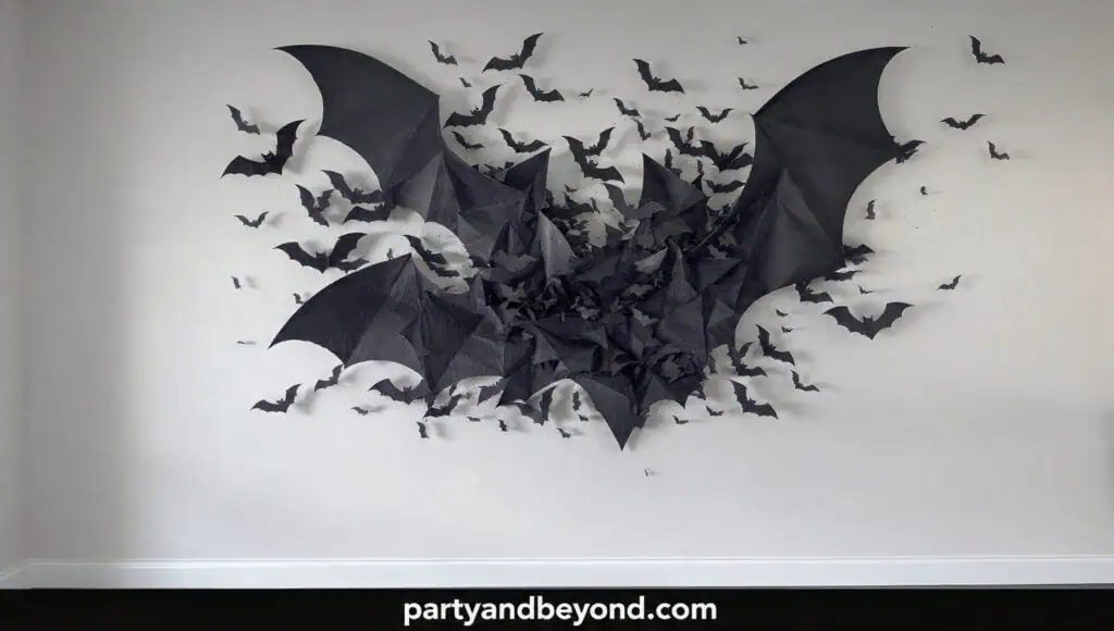 Black paper bats flying across a white wall creating a dramatic Halloween backdrop