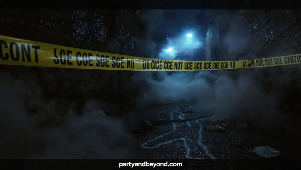 Funny Halloween crime scene backdrop with caution tape and evidence markers