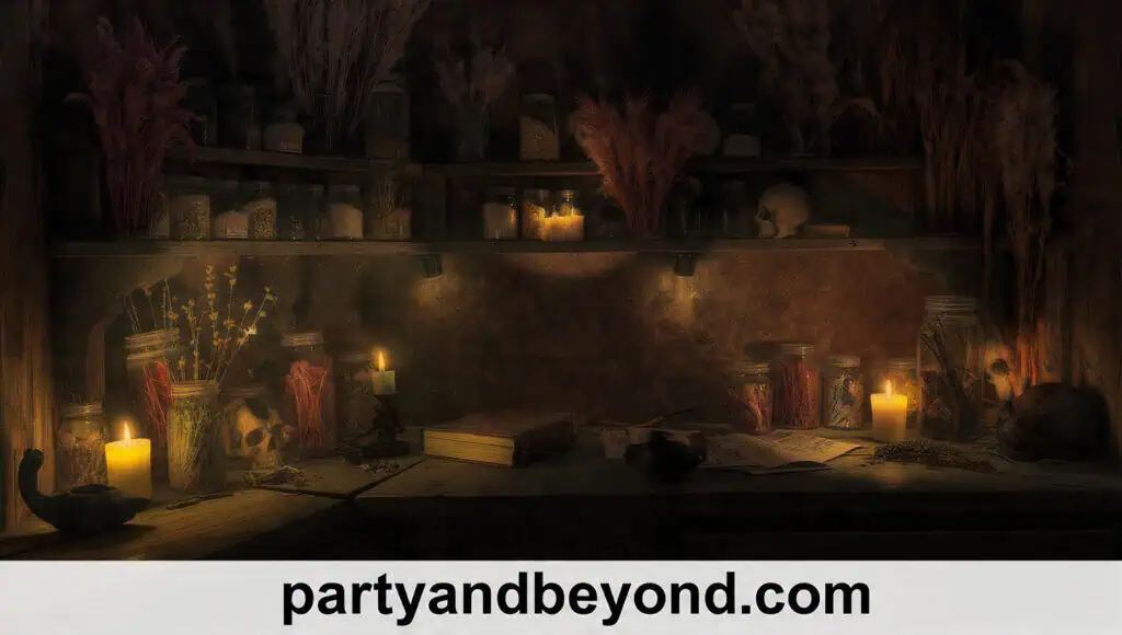 : Witch apothecary Halloween backdrop with potion bottles, candles, herbs, and cauldron