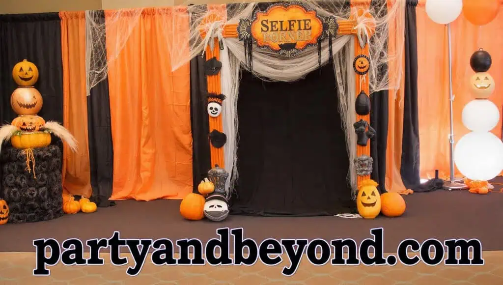 Halloween-themed photo booth with pumpkins, cobwebs, and orange-black decorations for parties Halloween Backdrop Ideas