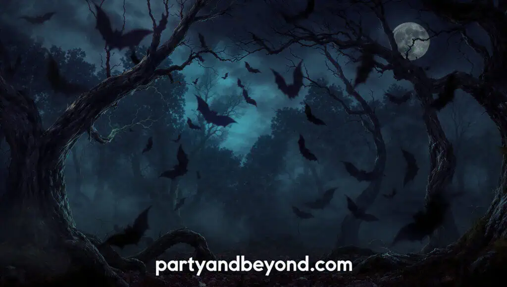 Dark spooky forest with bats and full moon, perfect for Halloween parties.