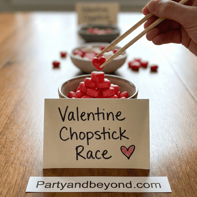 Valentine-themed chopstick race with heart-shaped candies for fun Valentine's Day game.