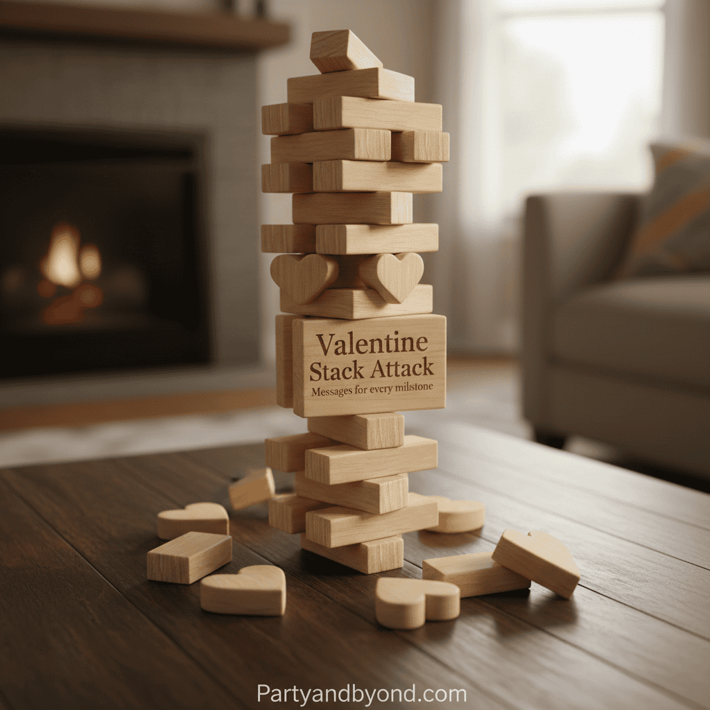 Wooden block game with hearts and a "Valentine Stack Attack" sign on a table.