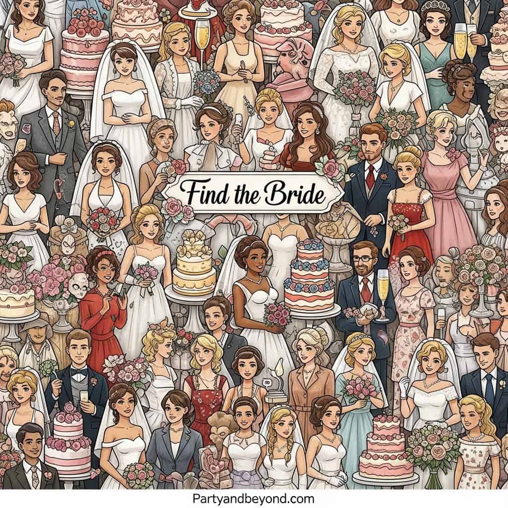 Diverse wedding guests celebrating, with a "Find the Bride" sign at the center.