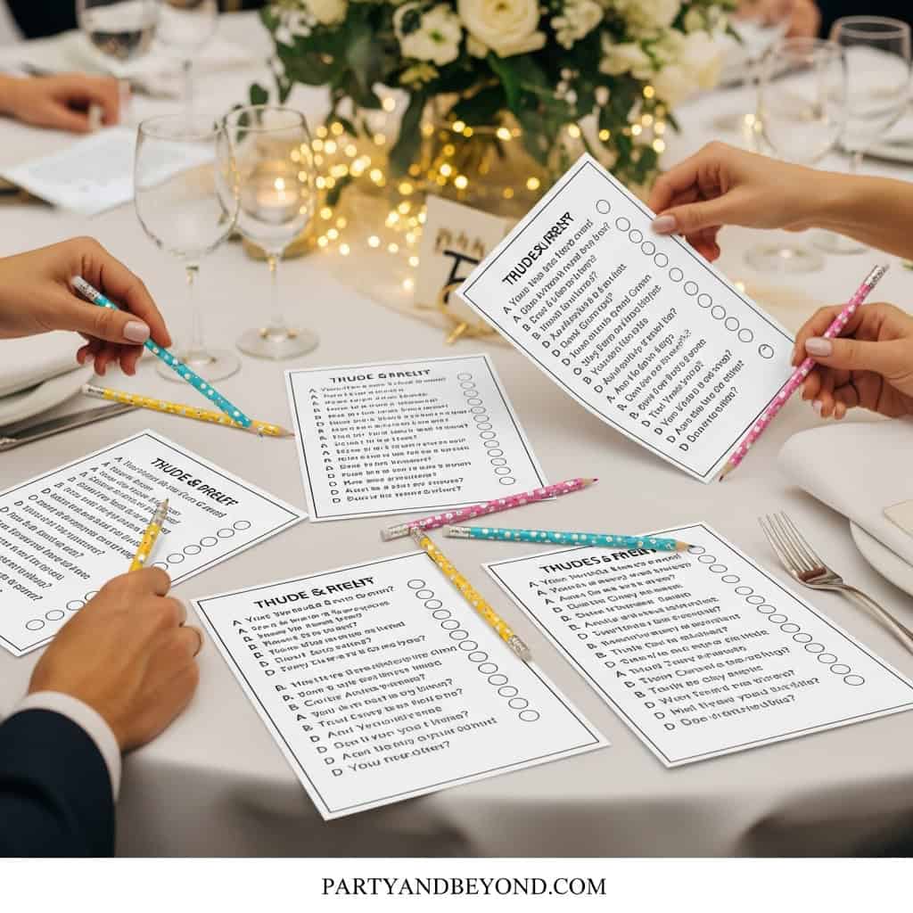 Wedding guests playing fun wedding games with score sheets and colorful pens at a decorated table.