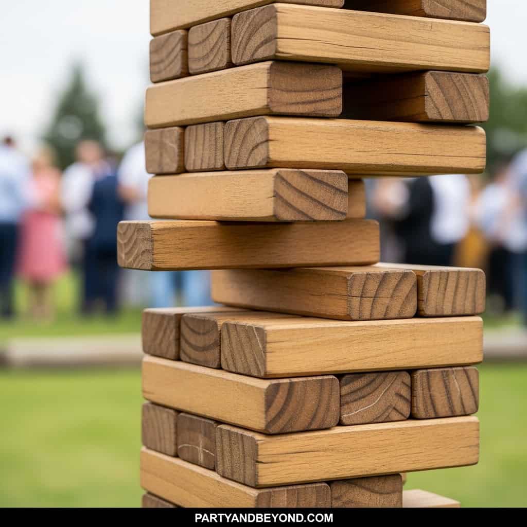Outdoor wedding game featuring a giant wooden Jenga tower for guest fun.