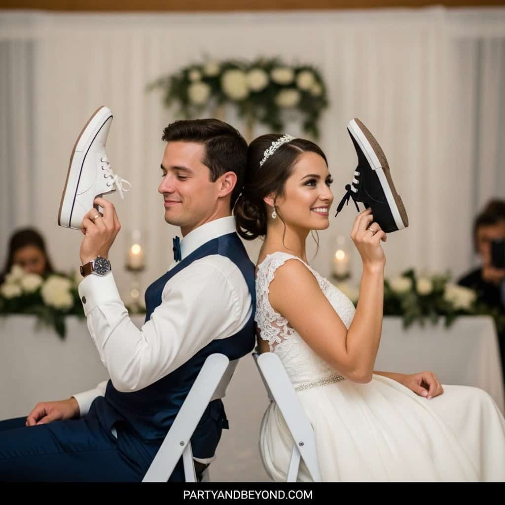 Bride and groom playing the wedding shoe game during reception, fun wedding entertainment for guests.