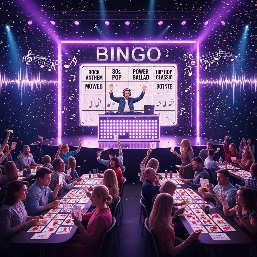Bingo game at senior celebration event with lively audience and colorful stage lighting.