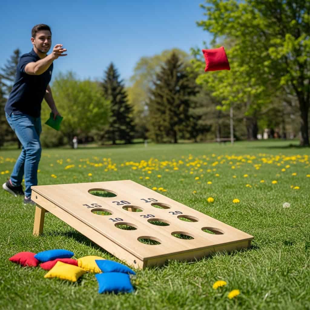 Outdoor bean bag toss game for seniors' celebration.