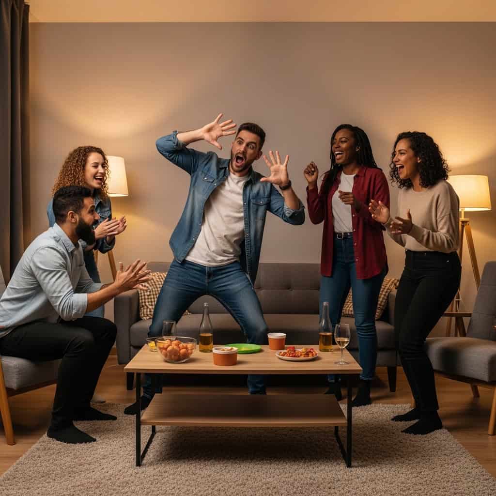 Group of friends enjoying fun party games at home.