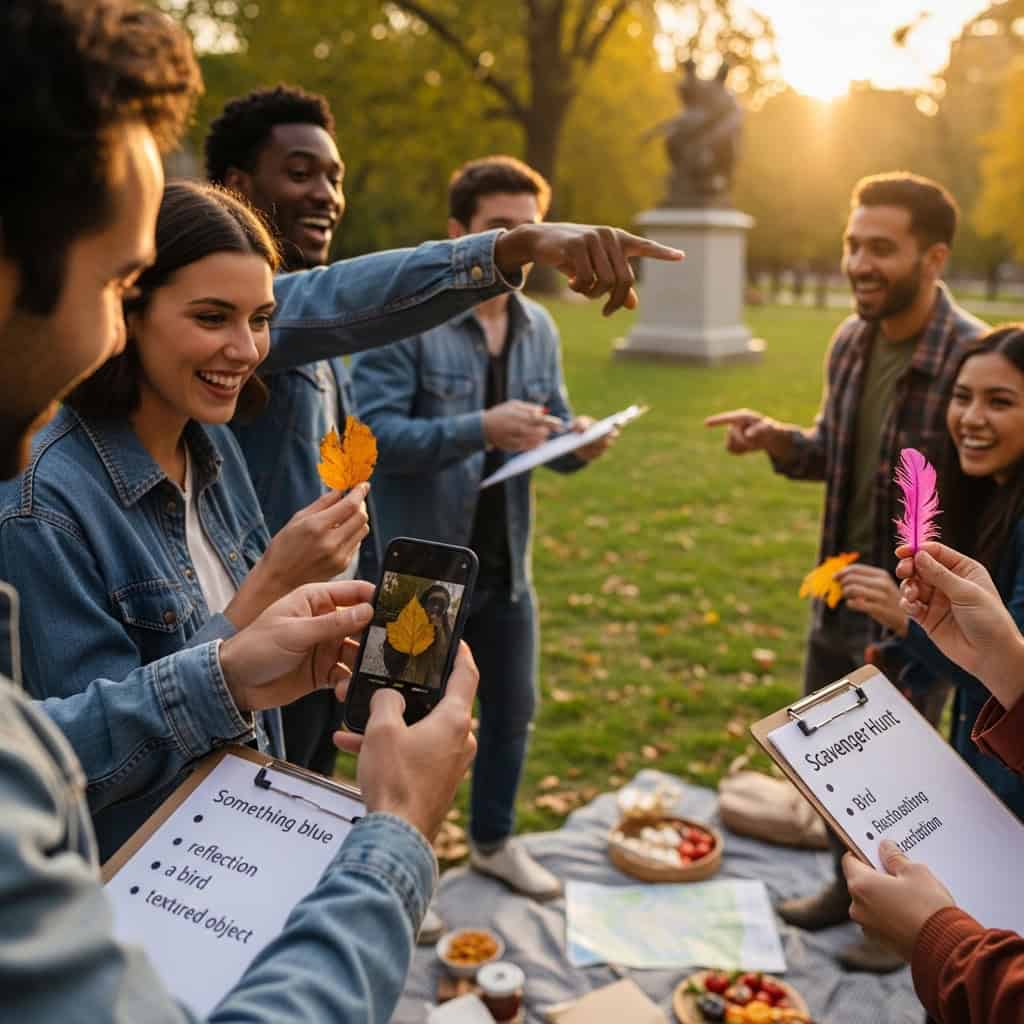 Outdoor senior citizen party game activity with smiling adults playing a scavenger hunt.