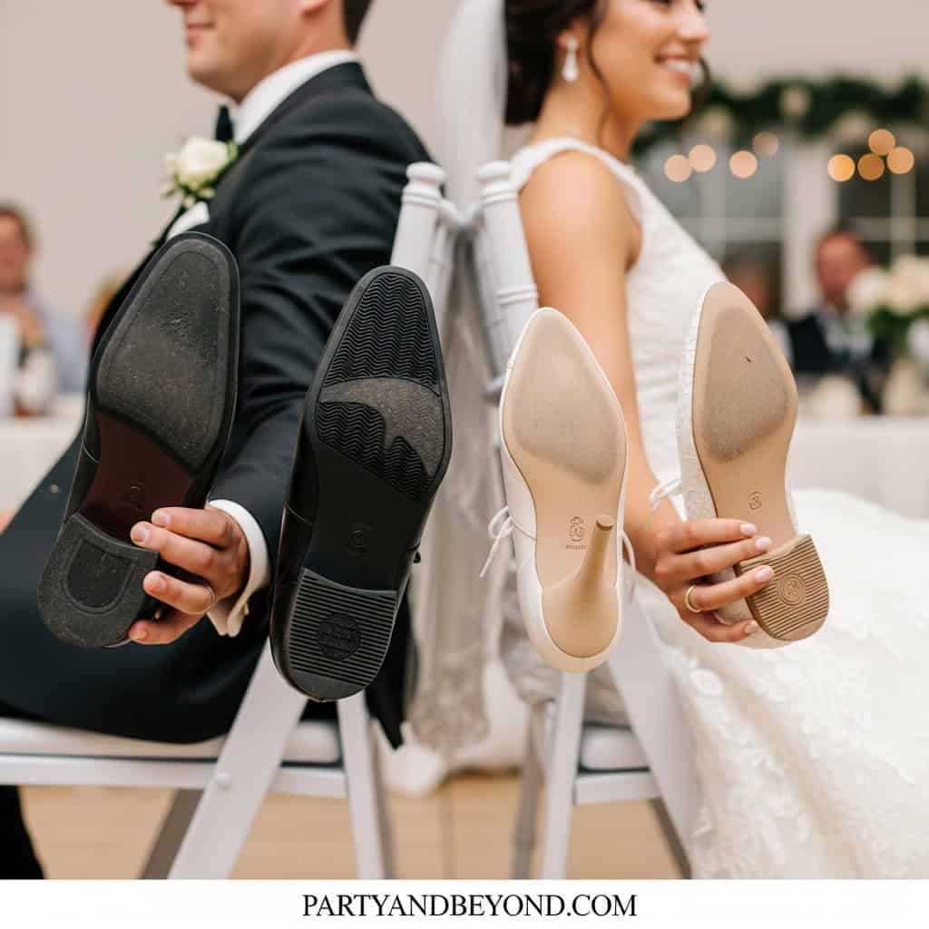 Bride and groom holding shoes for wedding shoe game at reception.