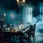 19 Murder Mystery Dinner Party Ideas Elegant murder mystery dinner table with atmospheric fog and candlelight.