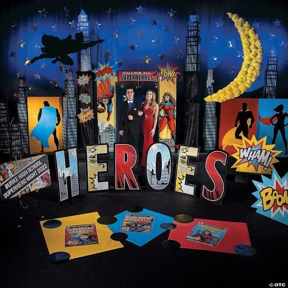 Heroic superhero-themed wedding reception entrance with comic book style decorations and vibrant col.