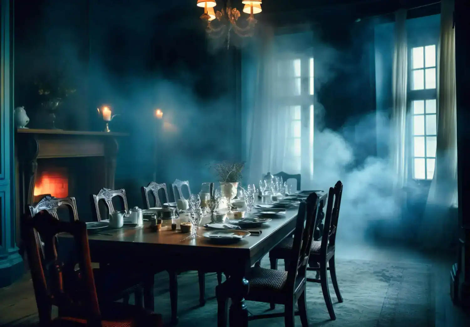 Elegant murder mystery dinner table with atmospheric fog and candlelight.