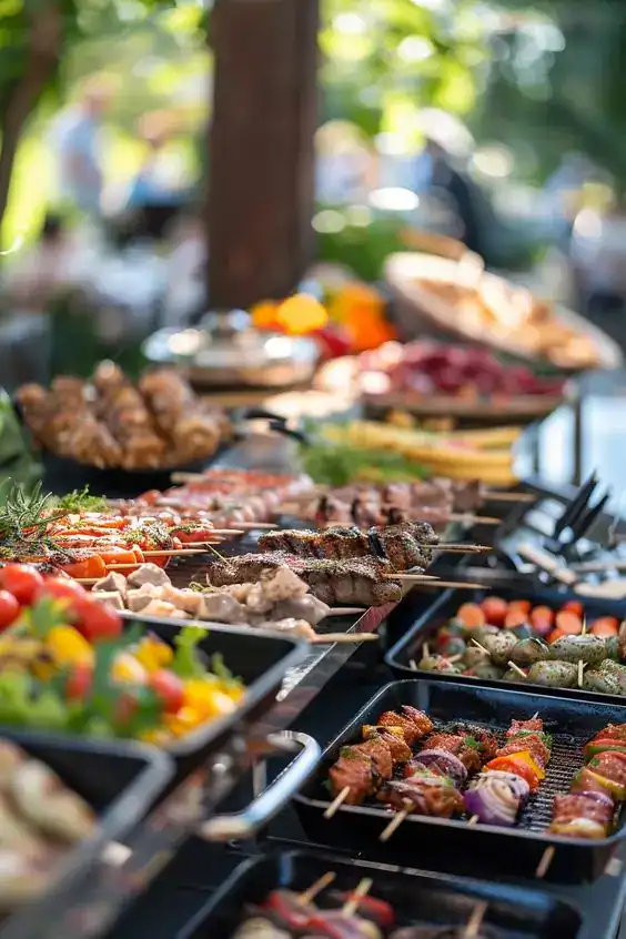 Delicious and affordable wedding reception food options displayed outdoors with a variety of appetiz.