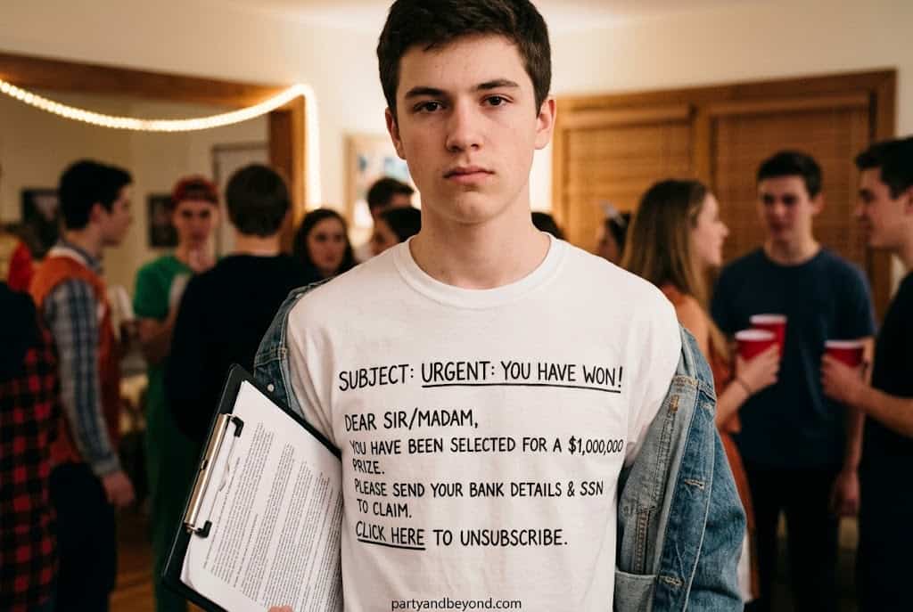 Funny spam email Halloween costume with printed joke text on white shirt